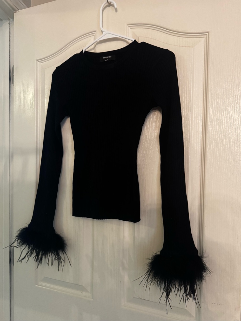 Workshop Republic Clothing Black Ribbed Long-Sleeve Top with Feather Cuffs